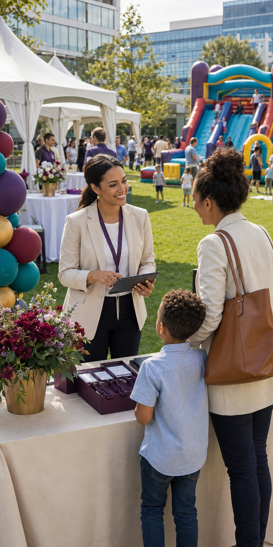 Professional event coordinator organizing a polished outdoor family event